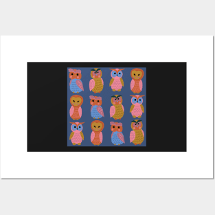 Cute-owls-pink-mauve-mustard-orange-blue-green Posters and Art